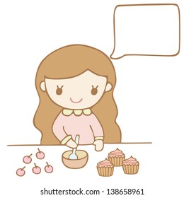 Girl Baking A Cake White Bubble For Your Text, Cartoon Illustration
