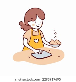 Girl baking cookies in the kitchen. Vector illustration in doodle style. flat vector cartoon style