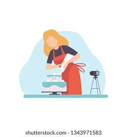 Girl Baking and Decorating Cake.Young Woman Blogger Recording Video on Camera and Posting It on Social Media. Online Channel Concept Vector Illustration