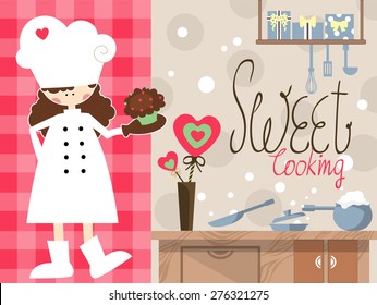 A girl baking a sweet cup cake for Valentine day in the lovely kitchen.
Kitchen utensil on the wooden counter and gifts on the shelf. Suitable for a birthday, special events and party. 