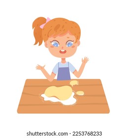 Girl baking vector illustration. Cartoon little kid kneading dough with hands on kitchen table to bake bread, cake or cookies, prepare pizza, funny child in apron cooking and making dessert for dinner