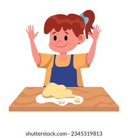 Girl baking vector illustration. Cartoon little kid kneading dough with hands on kitchen table to bake bread, cake or cookies, prepare pizza, funny child in apron cooking and making dessert for dinner