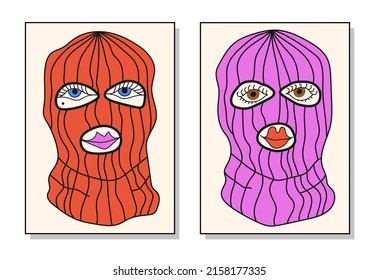 Girl in a balaclava. Bright and trendy sticker. Modern Art. A face with character. Vector illustration.
