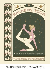 girl in balance yoga pigeon pose , with the Om sign, surrounded by stars and sacred floral patterns in the style of Alphonse Mucha. Mystical and calm design for tarot cards, meditation posters, 