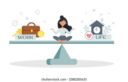 The girl is balancing between work and life. Career or family relationships. Choice. Vector illustration in cartoon style