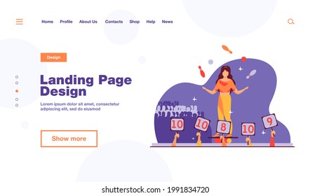 Girl balancing and juggling with balls and skittles. Judges rising signs with scores flat vector illustration. Talent show, performance concept for banner, website design or landing web page