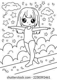 The girl is balancing on the gymnastic bench. Coloring book with a girl gymnast. Sport. Black and white vector illustration.