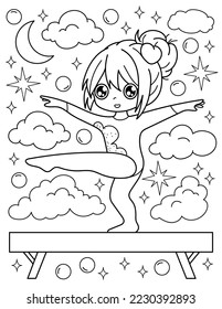 The girl is balancing on the gymnastic bench. Coloring book with a girl gymnast. Sport. Black and white vector illustration.