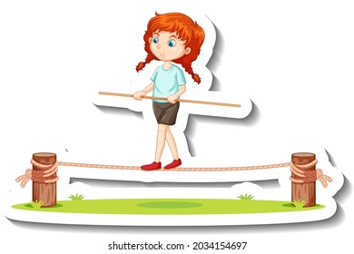 A girl balancing on a rope cartoon character sticker illustration