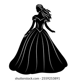 girl in ball gown silhouette on white background, vector