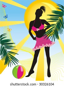 Girl with ball on a background of sun. Summer composition. Vector