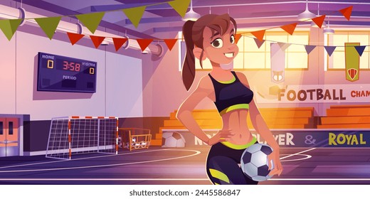 Mädchen mit Ball auf dem Schulplatz für Fußball Cartoon Hintergrund. Indoor-Fitnessraum mit Fußball-Spielplatz Interieur und Netztor. Tribüne, Anzeiger und Fenster im Fitnessbereich des Universitätscampus