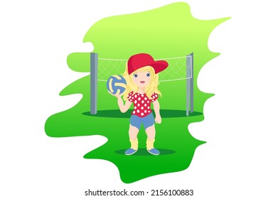 A girl with a ball stands on the field