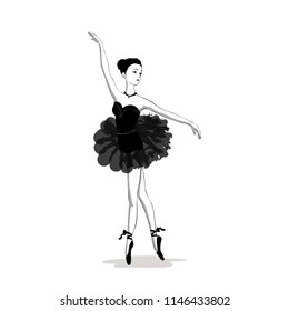 girl ballerina in black dress silhouette isolated on white background, vector illustration