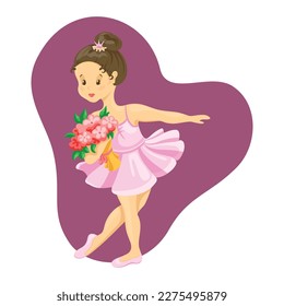 Girl ballerina in a curtsey with a bouquet of flowers - cartoon children's vector illustration on the theme of ballet, dance, creativity, theater