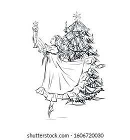 Girl ballerina dancing with nutcracker toy near the new year tree. Coloring page.