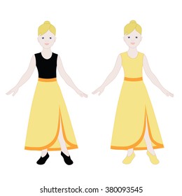 Girl ballerina is engaged in dances. Teenager in a long yellow skirt.
