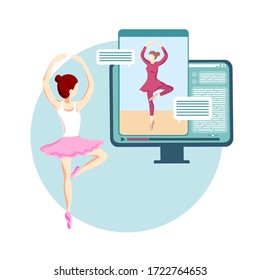 Girl ballerina at home choreography lesson via internet with teacher, trainer. Ballet education online vector. Active dance exercise in coronavirus quarantine isolation