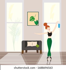 Girl ballerina at home with a mask in her hands in her apartment.
Home furnishings sofa and picture with a monstera leaf on the wall and 
big windows. Flat vector illustration in cartoon yoga style.