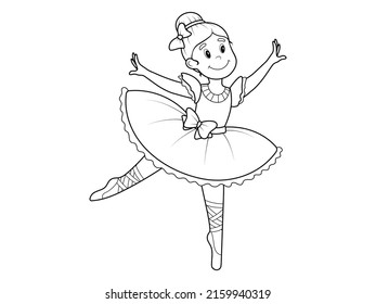 Niña bailarina, aislada. Esbozo de página de la caricatura. Ilustración vectorial, libro de colorear para niños.