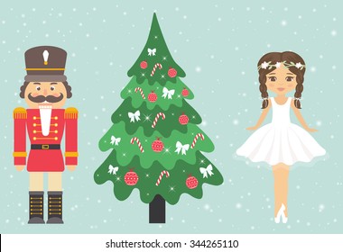 girl ballerina and nutcracker and fir-tree