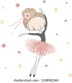 Girl ballerina in pink tutu with a ribbon in her hair dancer under the stars.