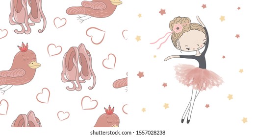 Girl ballerina in pink tutu with a ribbon in her hair dancer under the stars. Pink pointe shoes, heart and bird on white. Decorative pattern on white.