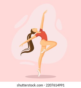 
Girl ballerina in pointe shoes stands on one leg, on a pink background