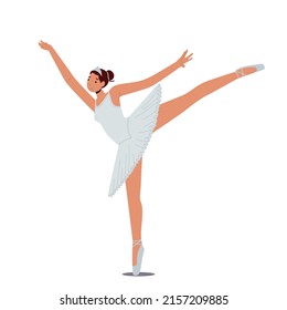 Niña Ballerina practicando danza aislada en fondo blanco. Formación de personajes femeninos en la escuela de ballet. La bailarina de Tutu y los zapatos de Pointe están en posición. Ilustración de vectores de personas de caricatura