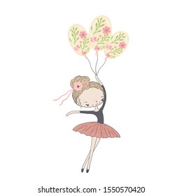Girl ballerina with a ribbon in her hair holds balloons in her hand.