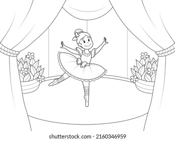 Bailarina femenina, actuaciones de teatro. Esbozo de página de la caricatura. Ilustración vectorial, libro de colorear para niños.