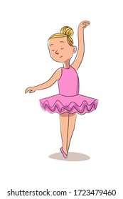 Girl ballerina vector character in pink tutu is dancing. Little dancer performs. Happy childhood, hobby, entertainment, child performance concept