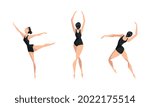 Girl Ballet Dancer Dancing in Black Leotard Set, Young Woman Performing Art Gymnastics Exercises Cartoon Vector Illustration