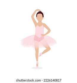 Girl ballet dancer. Little child doing ballet exercises. Cute kid at pink dress doing balancing posture. Acrobat training. Sports activity. Vector illustration isolated on white background