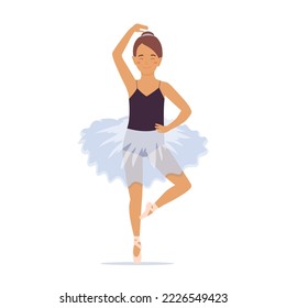 Girl ballet dancer. Little child doing ballet exercises. Cute kid doing balancing posture. Acrobat training. Sports activity. Vector illustration isolated on white background