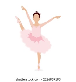 Bailarina de ballet femenino. Niña pequeña haciendo ejercicios de ballet. Pequeña bailarina en zapatos de punta. La princesa está bailando. Ilustración del vector aislada en fondo blanco