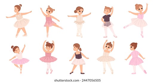 Girl ballet dancer. Little girls dancing in tutu skirt, cartoon isolated cute tiny characters. Classic dance lesson in class, hobby snugly vector collection