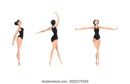 Girl Ballet Dancer Performing in Black Leotard Set, Beautiful Young Woman Performing Art Gymnastics Exercises Cartoon Vector Illustration