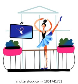 Girl ballet dancing at home on balcony. Happy young woman dances in house, repeating after computer monitor. Relaxing hobby vector illustration. City modern apartment view from street.