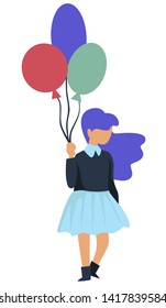 Girl with balloon childish holiday Birthday party surprise vector child or kid having fun event celebration and congratulation wish and greeting festive decor gift or present anniversary guest