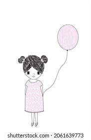 girl with a balloon, child's drawing, pencil drawing in vector, cute baby, vector illustration