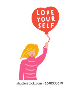 Girl with balloon. Love yourself. Feminism concept. Vector illustration for greeting card, t shirt, print, stickers, posters design.