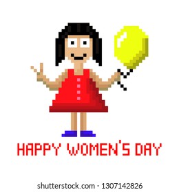 Girl with a balloon. Pixel pattern. Happy Women's Day. Design for postcards. Vector image isolated on white background. March 8.