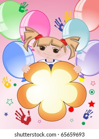 Girl with balloons, birthday congratulations.