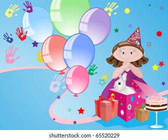 Girl with balloons and cake, birthday congratulations.