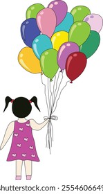 Girl with balloons in cartoon style, cute girl in dress with heart turning back, holding colorful balloons