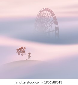 Girl with balloons. Child silhouette in park. Ferris Wheel in fog