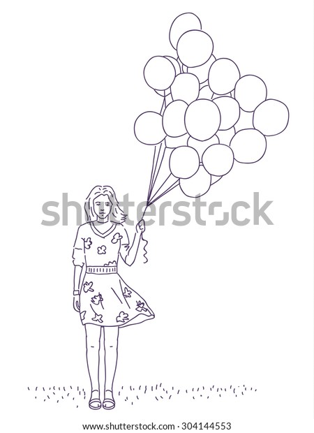 Girl Balloons Drawing Stock Vector (Royalty Free) 304144553