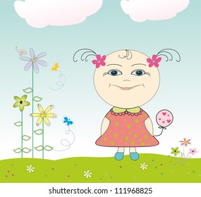 Girl with balloons in the meadow with flowers.Vector