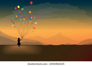 girl with balloons on wild  vector  illustration